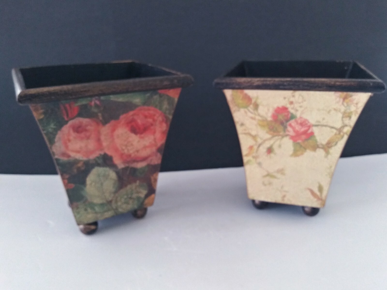 Absolutely Beautifully decorated Wooden Vases. Silk Flowers. Two pots!!
