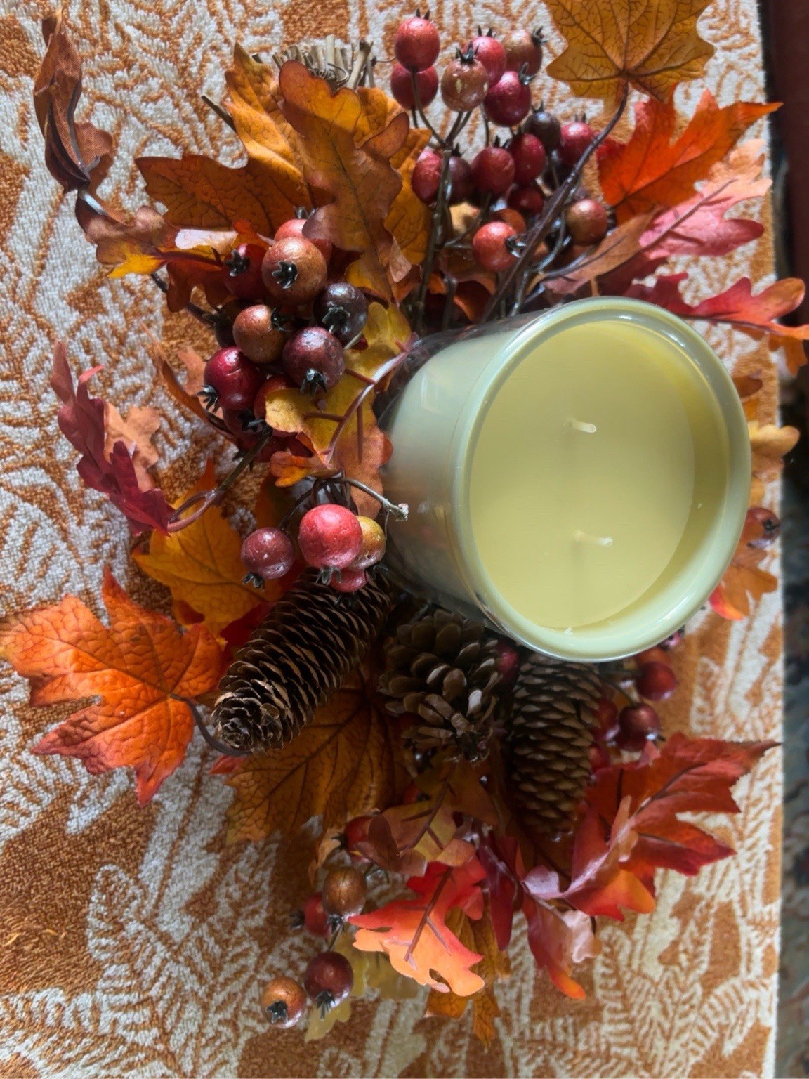 Large Fall Candle Ring Pinecone Berry Maple Leaf Centerpiece 11×14 Rustic