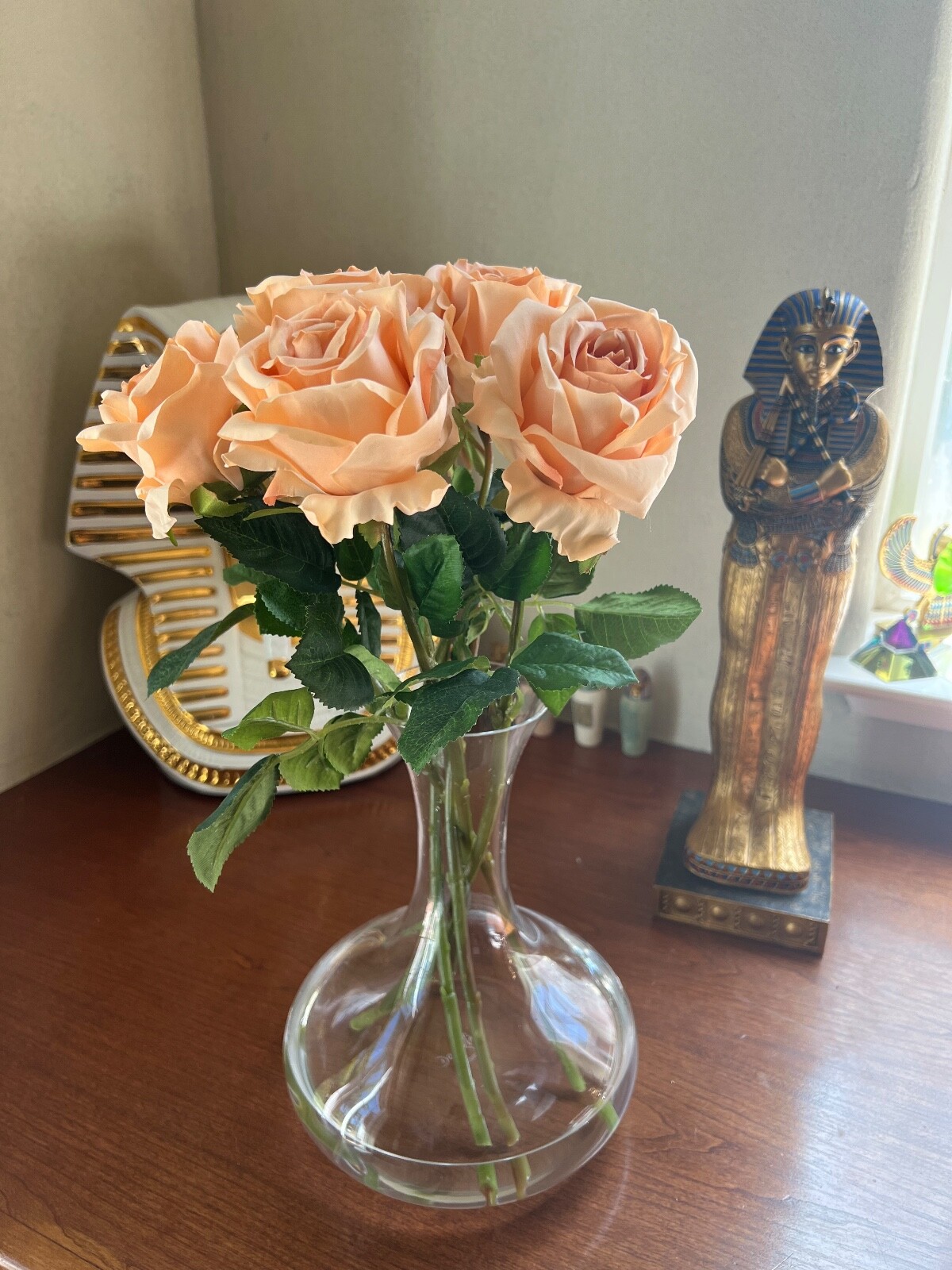 Rosscer Roses Artificial Silk 6 Piece Long Stem in Peach Color.