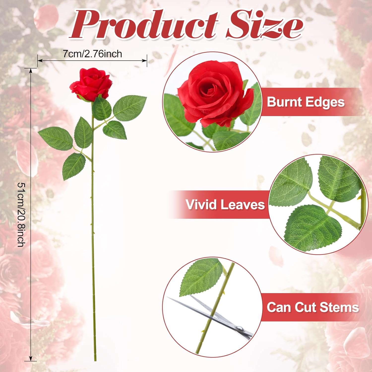 36 Pcs Red White Pink Artificial Roses with Long Stems, Fake Silk Rose Artificia