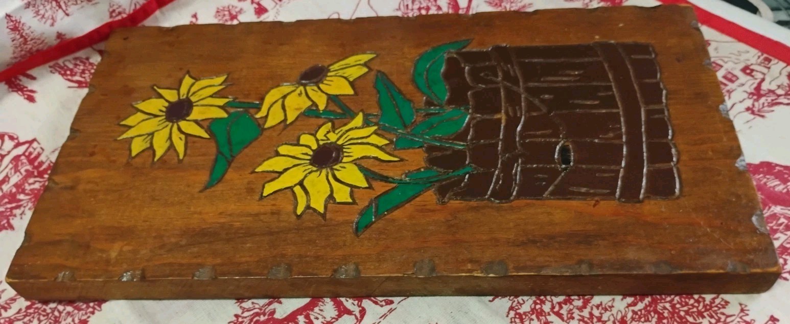 Vintage Carved Painted 3 Sunflowers Bucket Wall Art Primitive Farmhouse Rustic