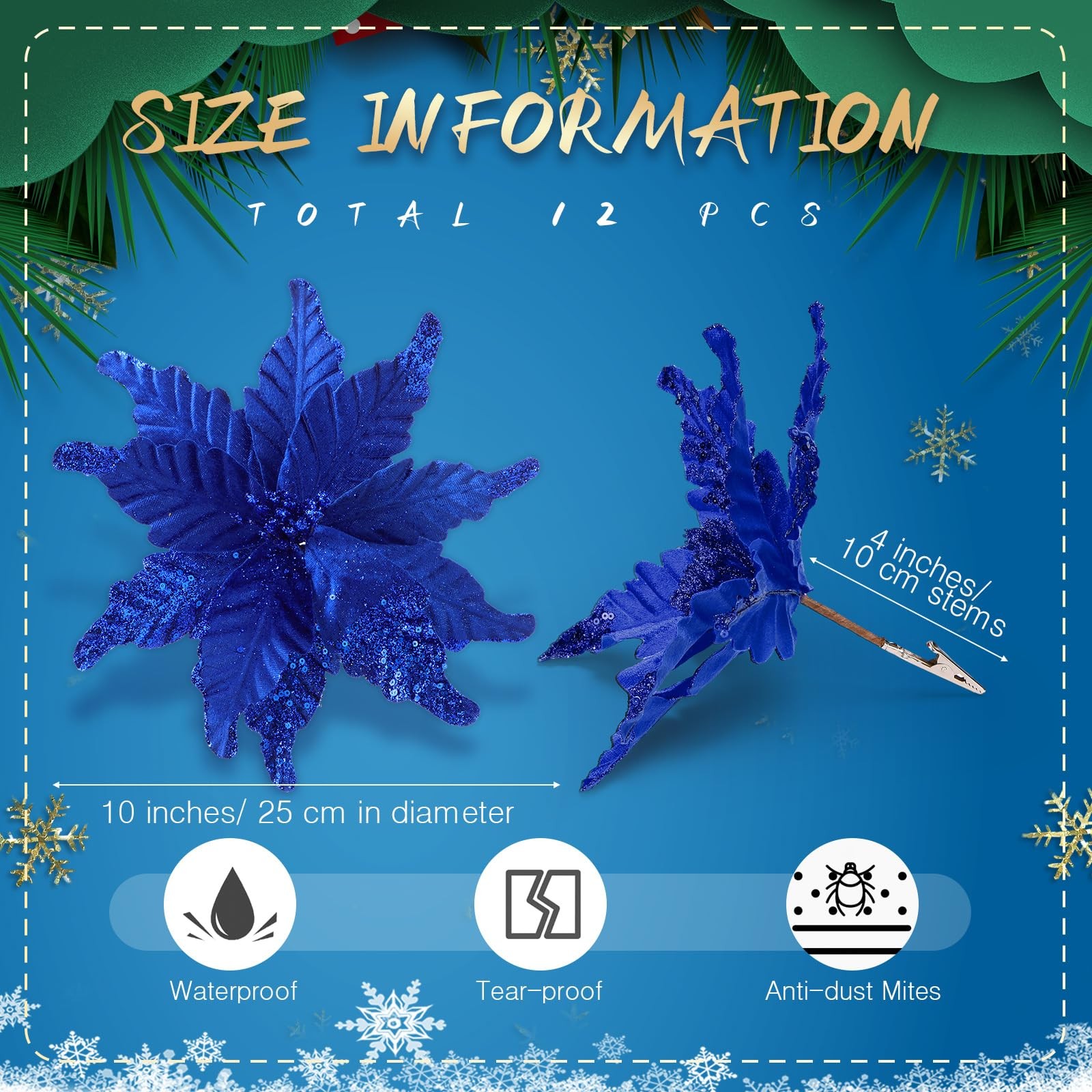 12 Pcs Christmas Glitter Fabric Poinsettia 10 Inch Artificial Xmas Flower wit…