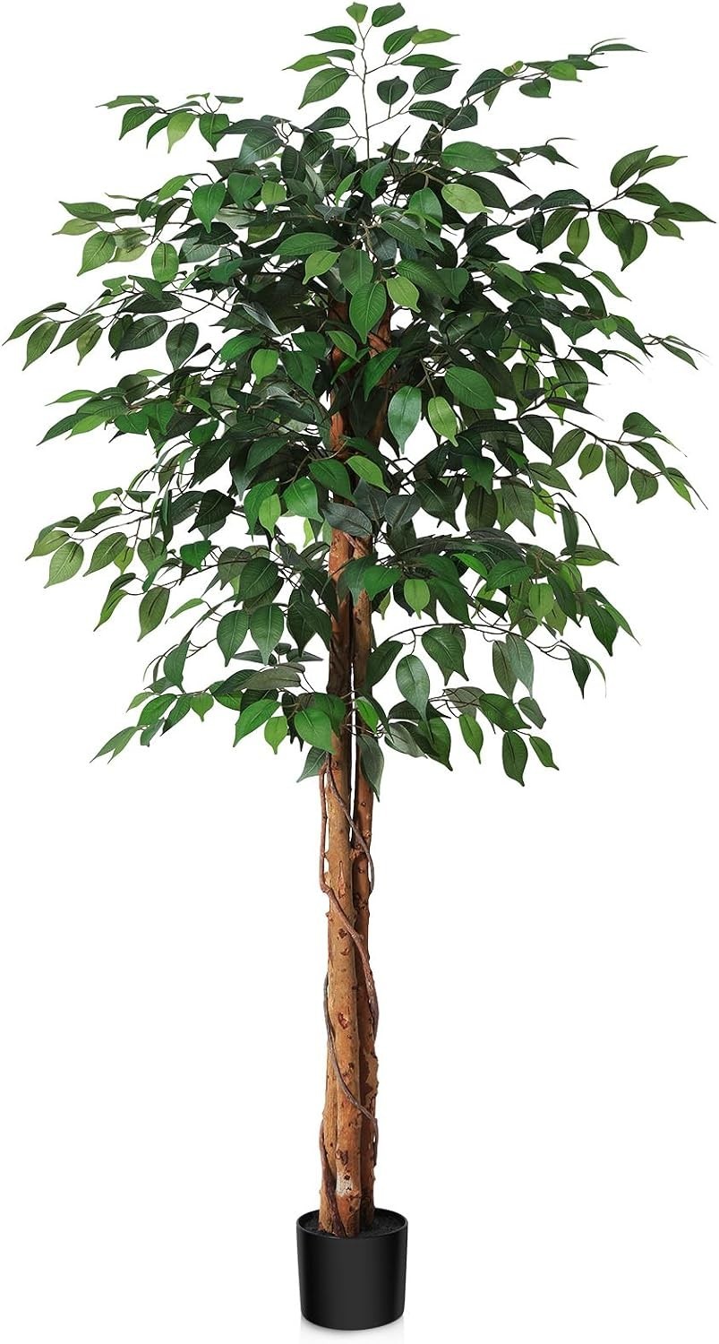 5ft Artificial Ficus Tree with Natural Wood Trunk, Silk Fake Ficus Tree in Pl…