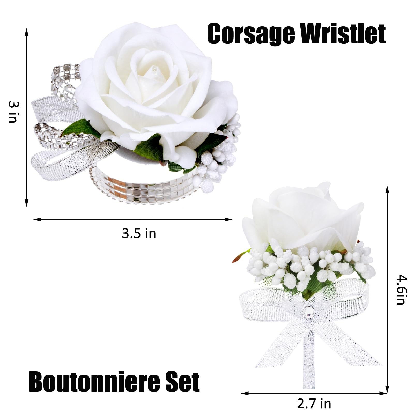 2Pcs White Rose Corsage and Boutonniere Set, Corsage Wristlet Band for Prom D…