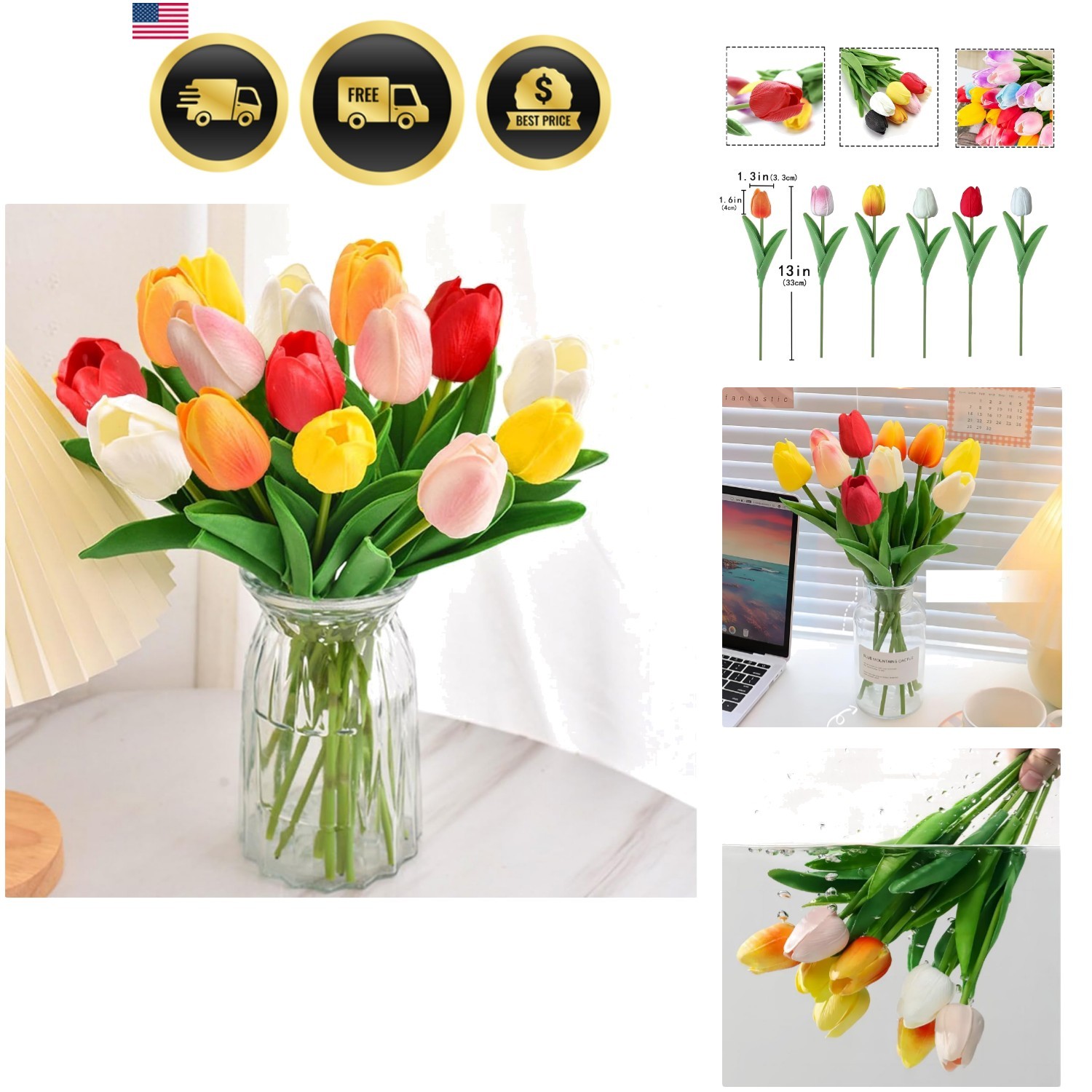 Artificial Tulips Flowers 15PCS Real Touch Silk Fake Flowers Home Decor