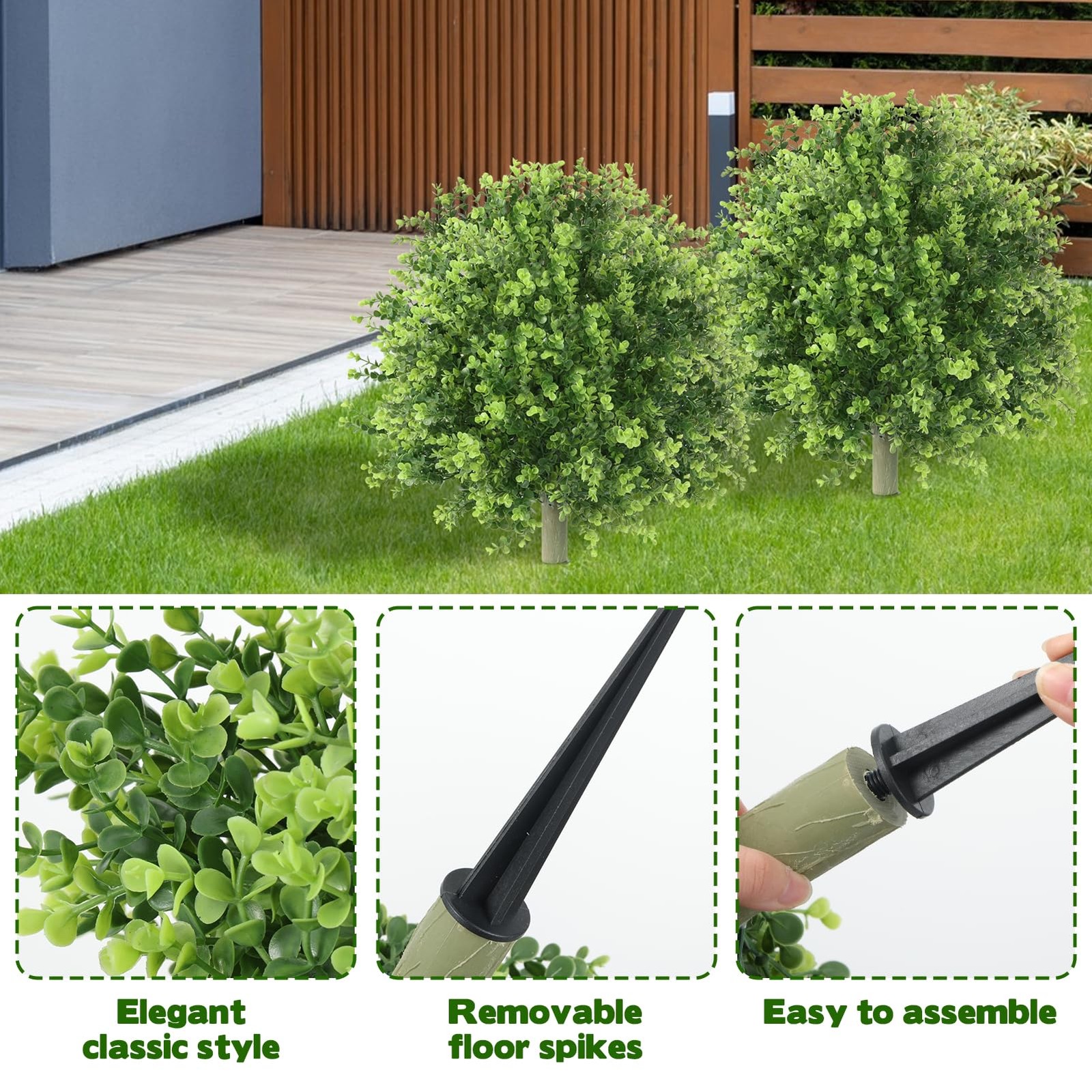 2 Pack Artificial Boxwood Topiary 24” Faux Boxwood Tree with Ground Spike Ou…