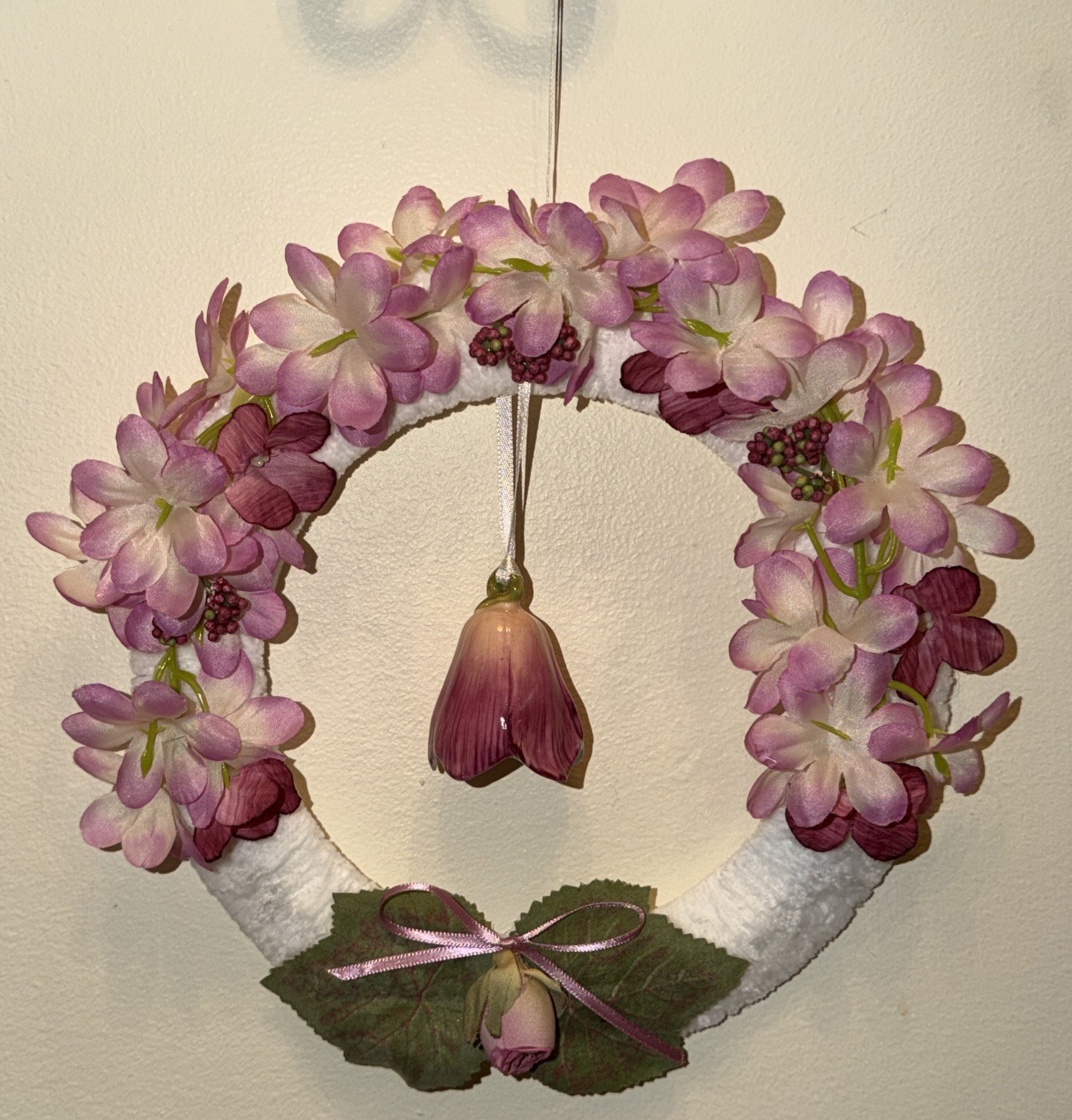 Pink Cherry Blossom Silk Floral Wreath W/Bell-Shaped Dangle Ceramic Flower Cheni
