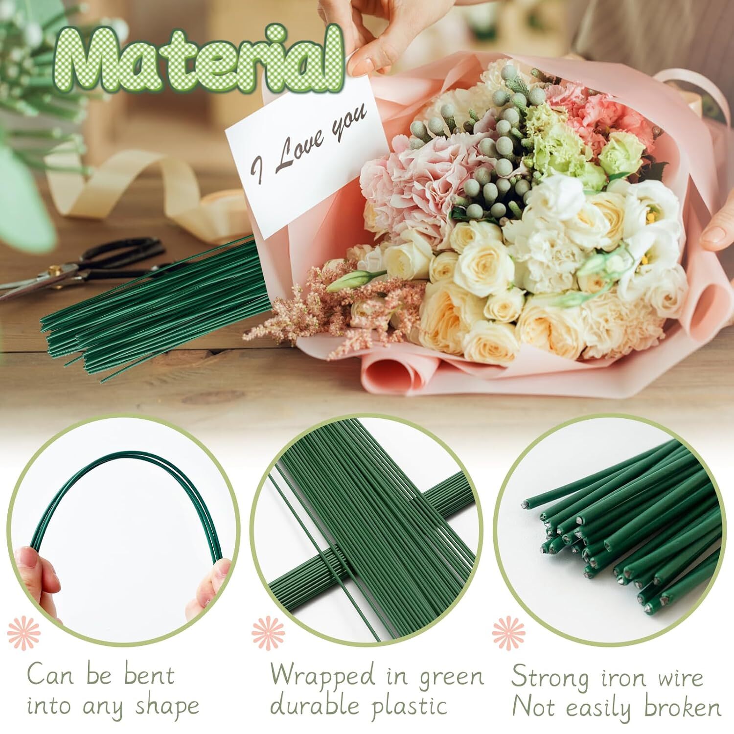 100 Pcs Floral Stems Wire for Paper Flower,14 Inch 2 Gauge Dark Green Floral