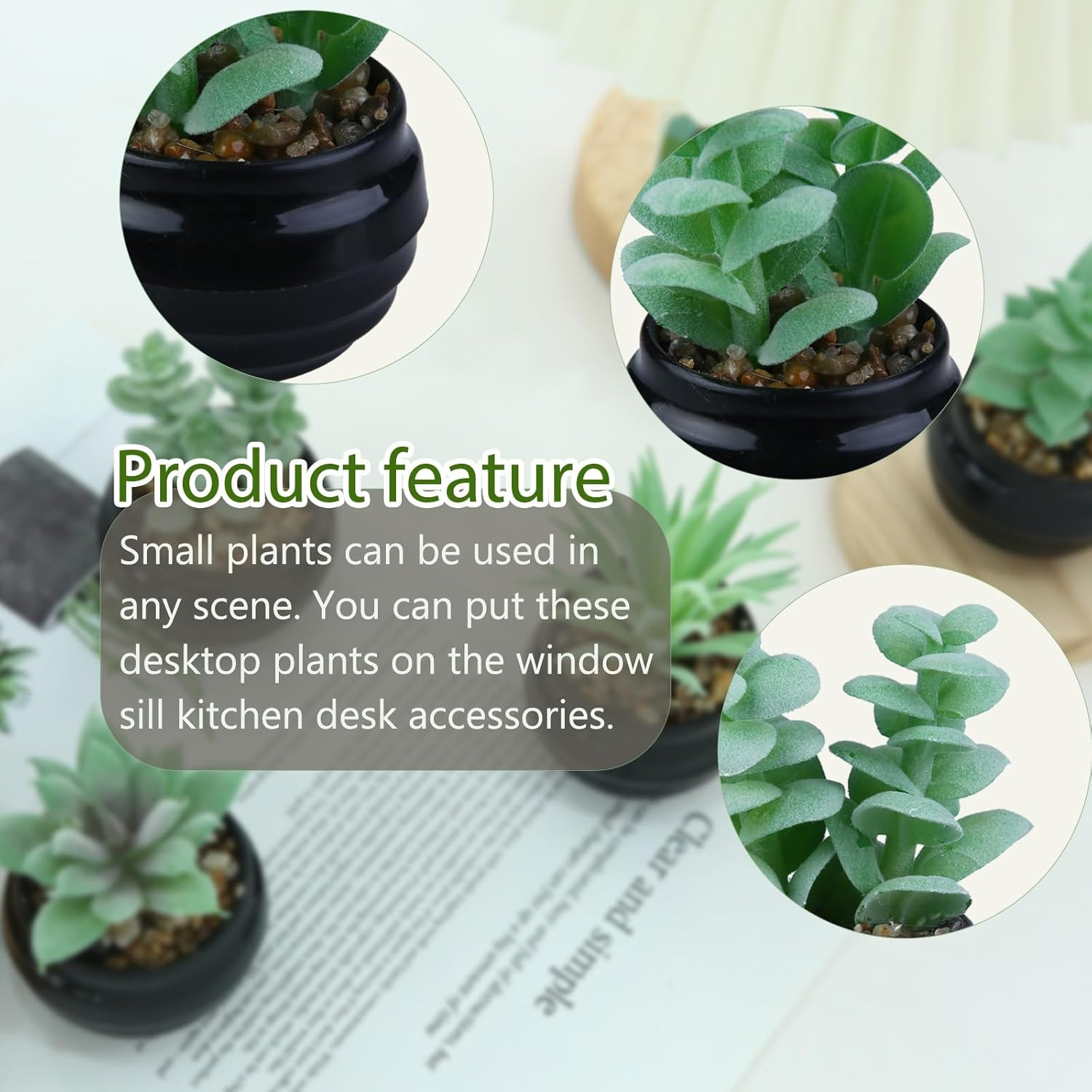 6 Pcs Green Artificial Succulent Plants in Black Plastic Pots Mini Faux Succulen