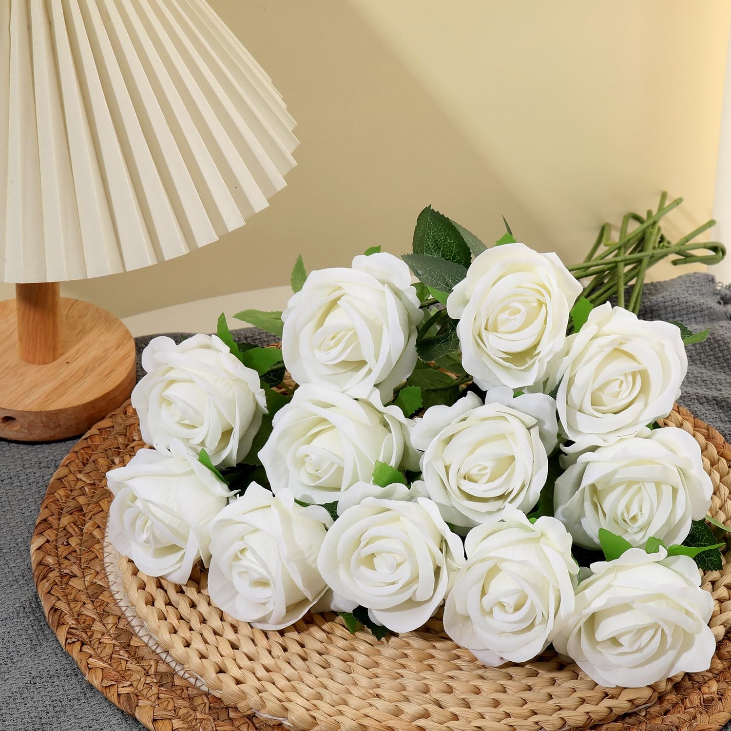 Pearl White Faux Velvet Silk Artificial Roses for Home, Wedding Decor, 12 PCS