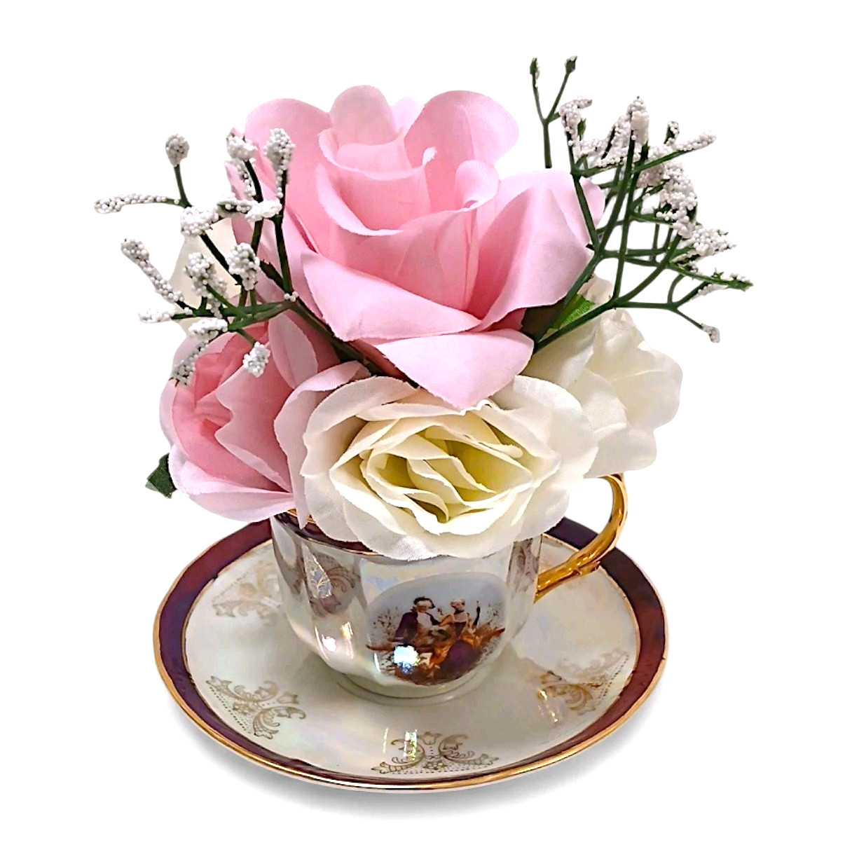 Bridal Pink & White Roses Floral Arrangement Tea Party Cup POP-IN Birthday Love