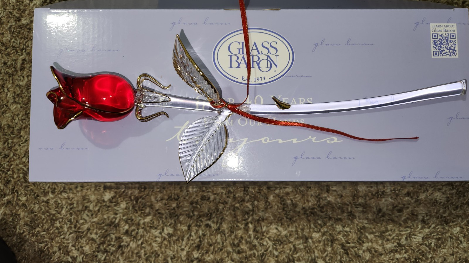 Glass Baron Red Glass Rose Flower Stem Figurine w/ Metal Stem & Leaves