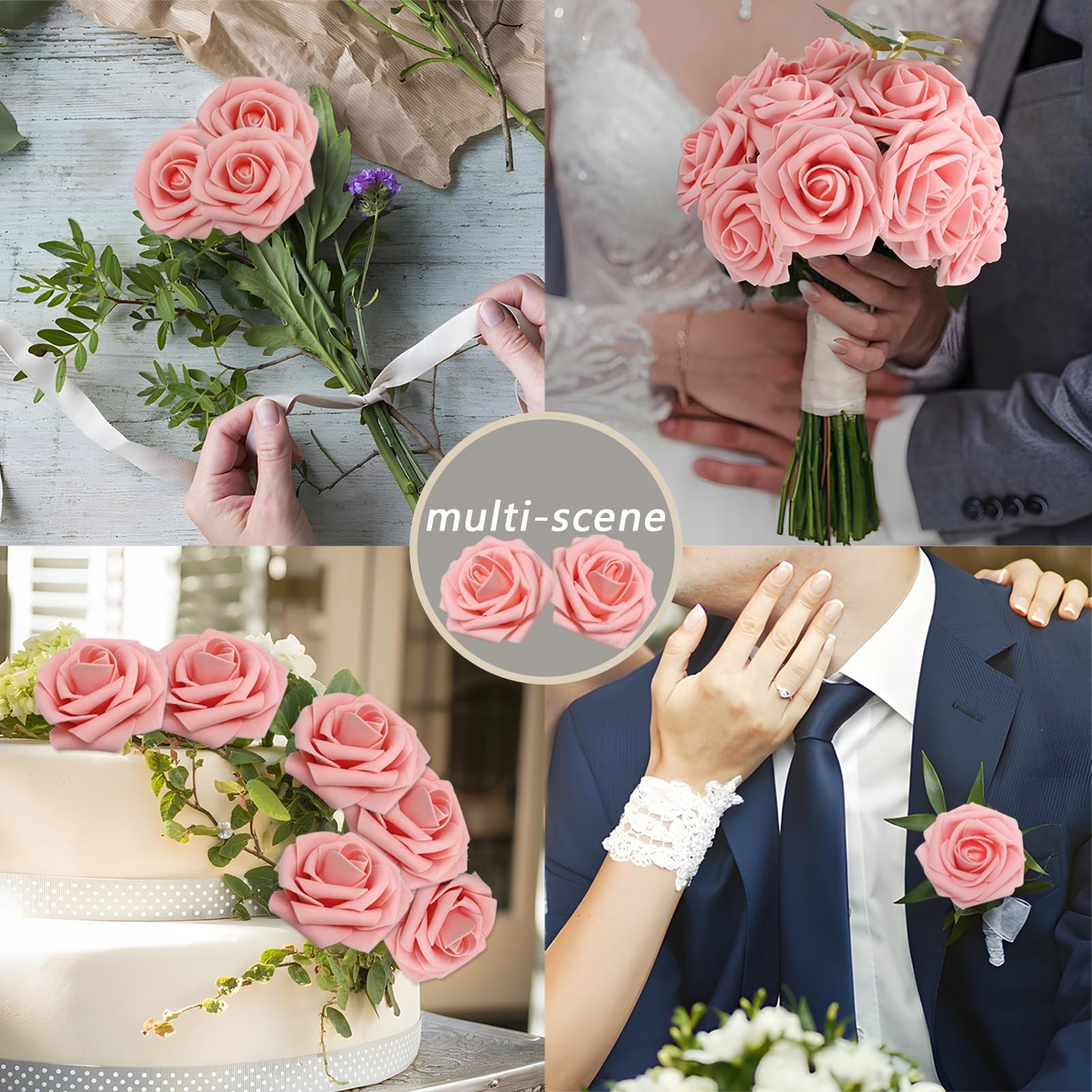 50 PCS Pink Artificial Flowers Roses Foam Fake With Leaves DIY Wedding Decor
