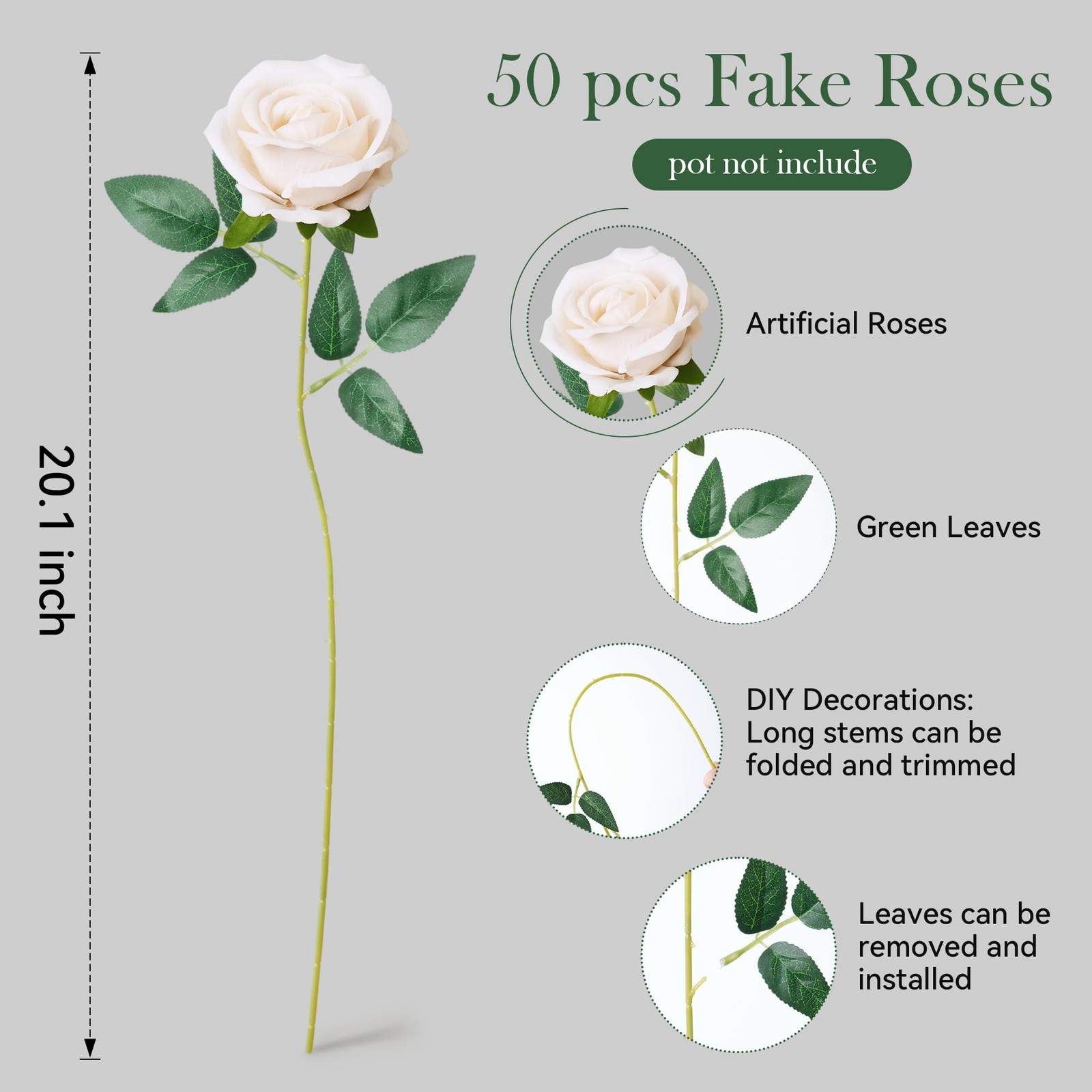 50 PCS Champagne Roses Artificial Flowers with Long Stems