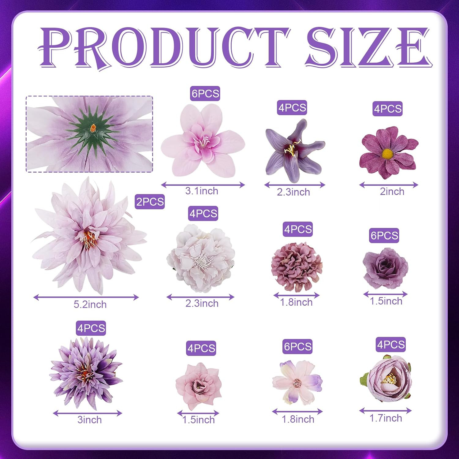 48 PCS Artificial Flowers Heads, Fake Daisy Heads Bulk Silk Faux Rose Purple