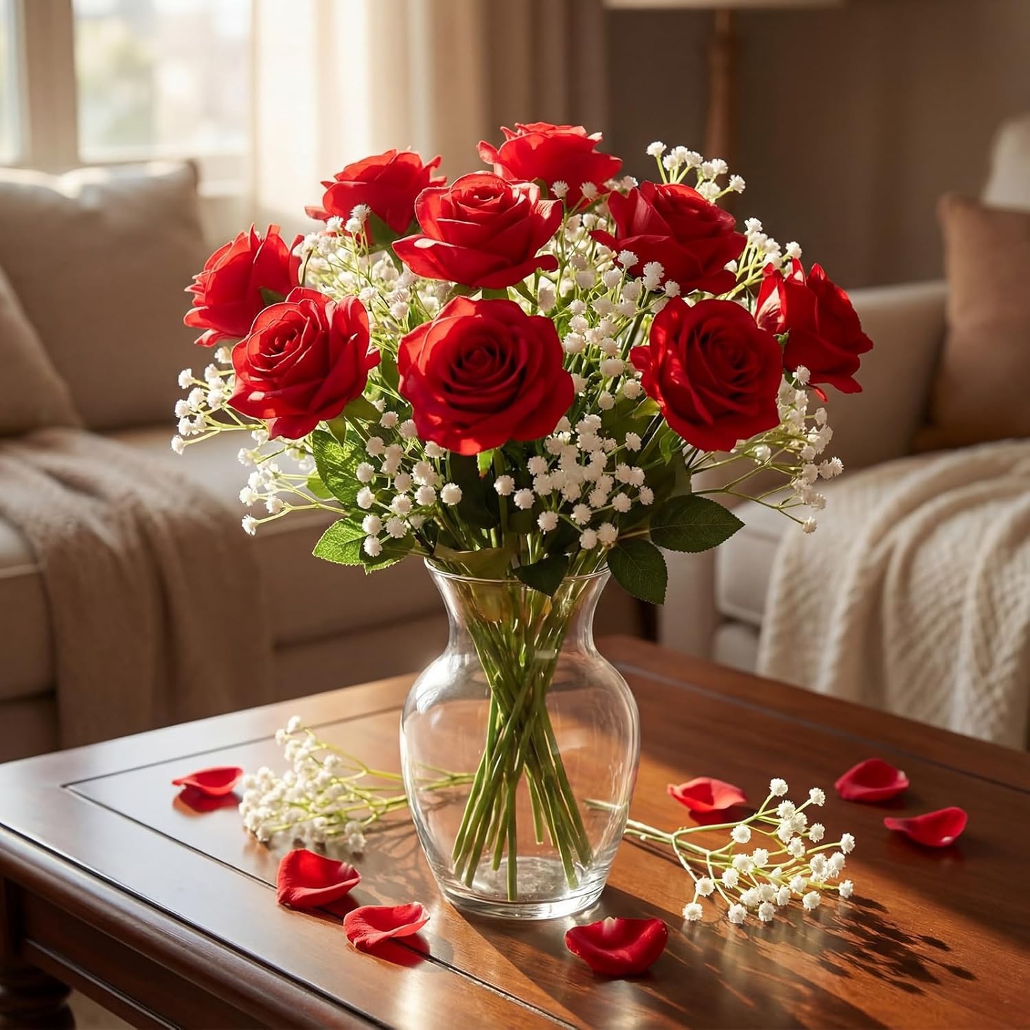 Artificial Flowers Silk Roses & Fake Baby Breath Realistic Flowers Bouquet Decor