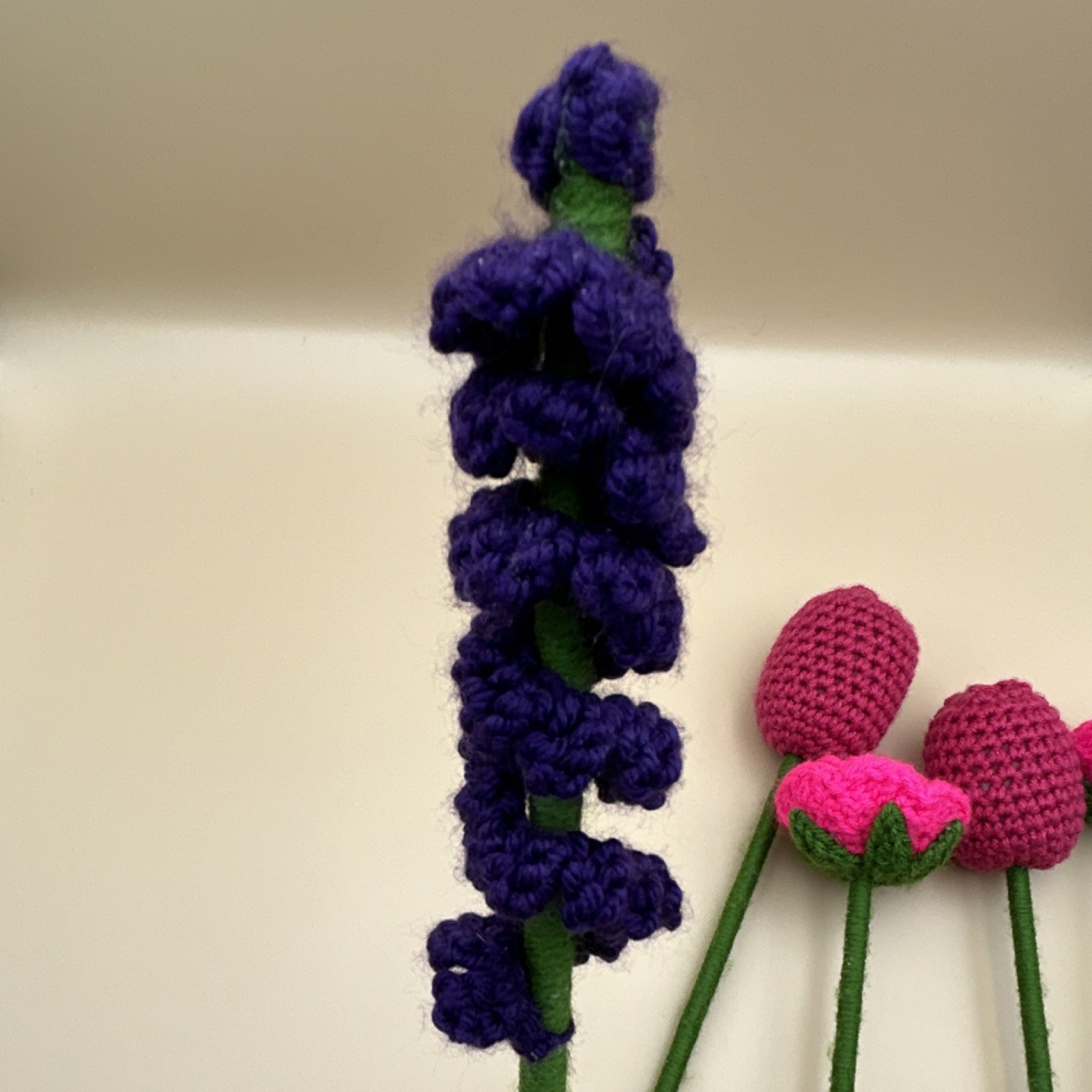 Handmade Yarn Crochet Flower Bouquet Pink Purple Green Rose Lavender Tulip