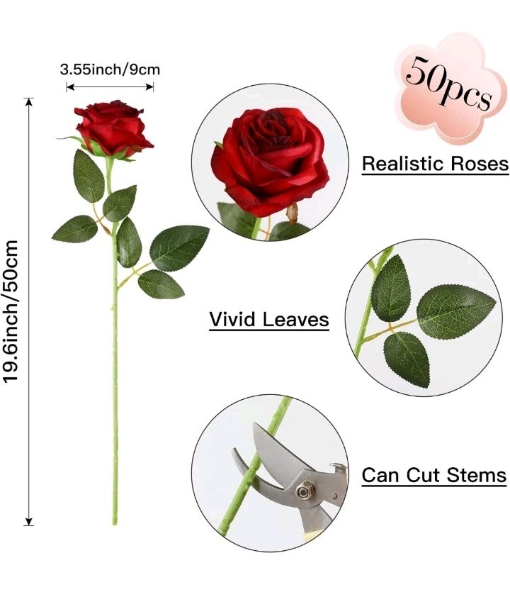 50pcs Fake Burgundy Roses Bulk, Red Roses Artificial Flowers .