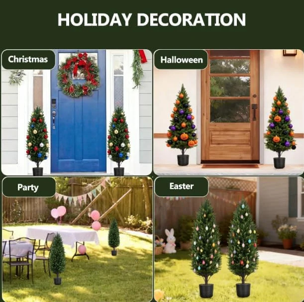 Set of 2 Artificial Cedar Topiary Trees, 27.6” Outdoor Faux Plants Pine Shrubs