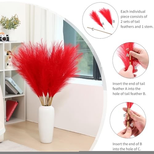 9 Stems Pampas Grass – 38 Inch Tall Fluffy Faux Pampas Grass Decor, Long Red