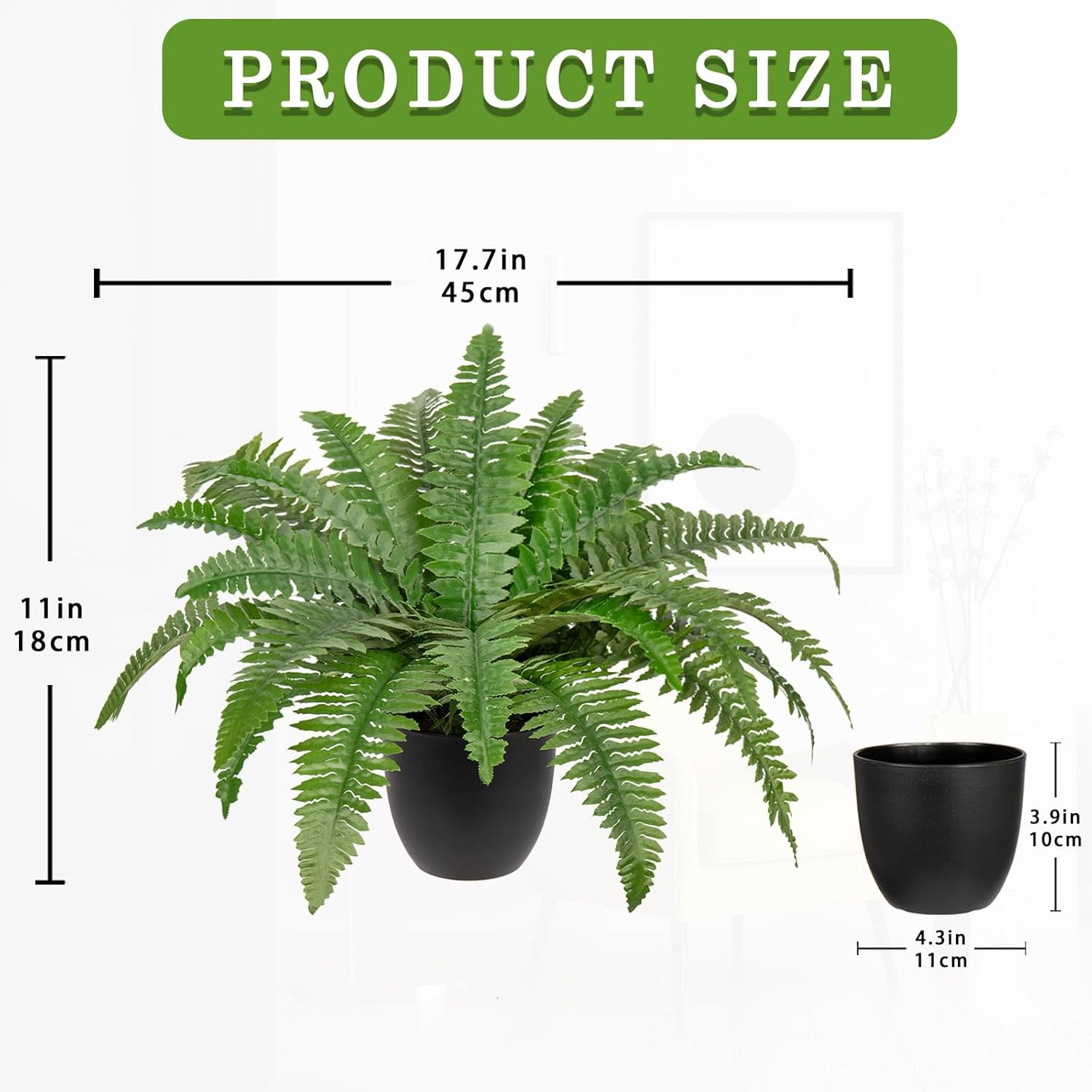 17.7″ Fake Fern Potted Plant Small Artificial Boston Ferns in Pot 25 Leaves for