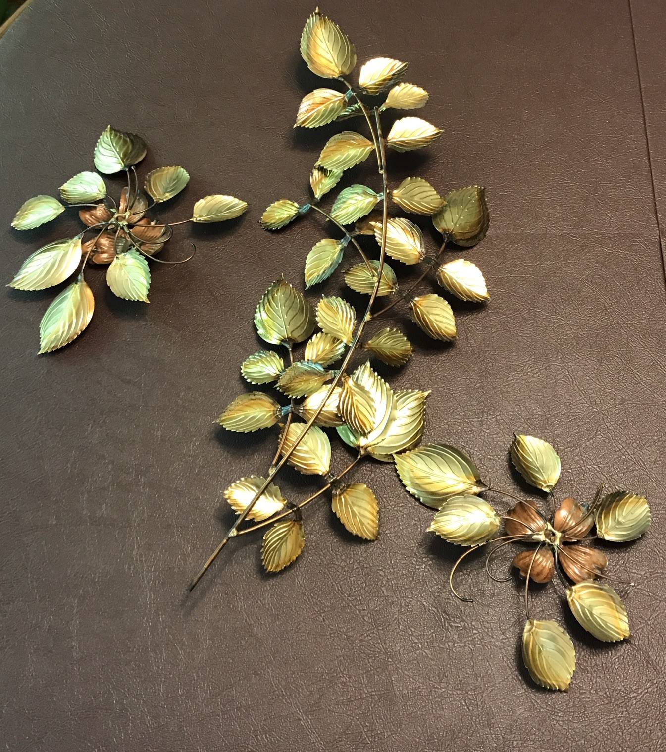3 Gold Tone Brass & Copper Flower Leaf Metal Wall Hanging Decor Set