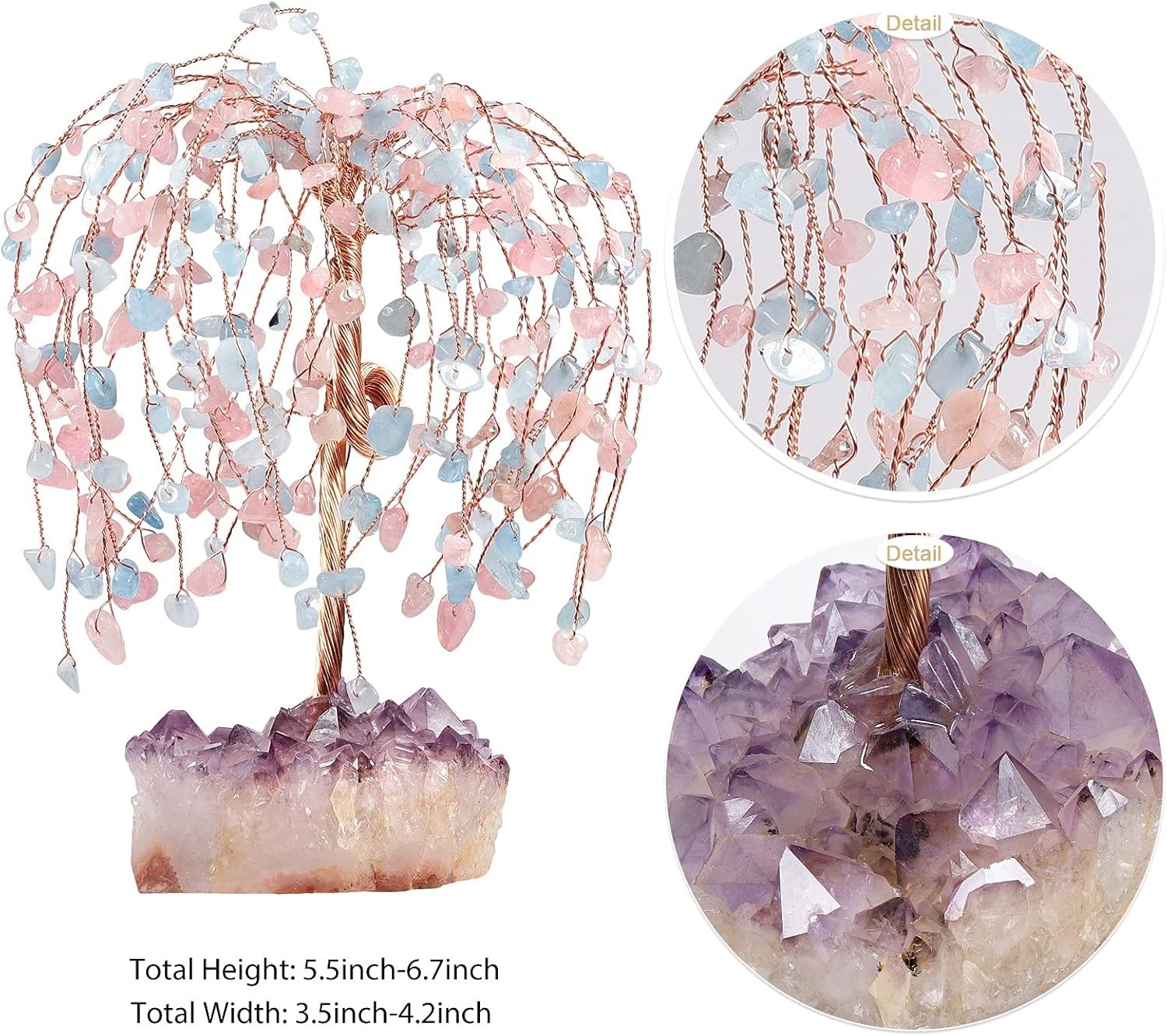 SUNYIK Rose Quartz and Aquamarine Healing Crystal Money Tree Set on Pink/Blue
