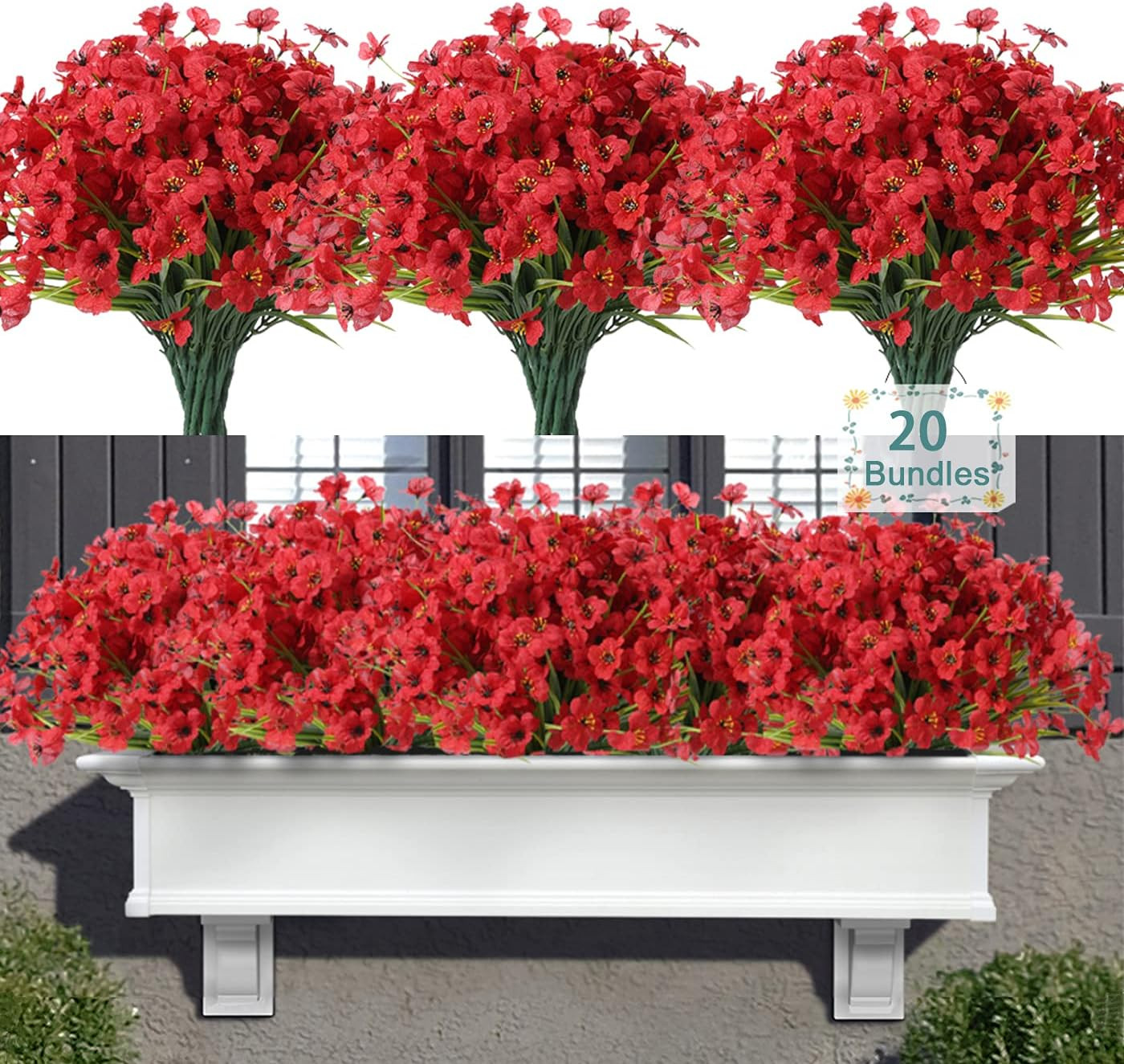 20 Bundles Artificial Flowers for Outdoors, UV Resistant Fake Flowers with Plast