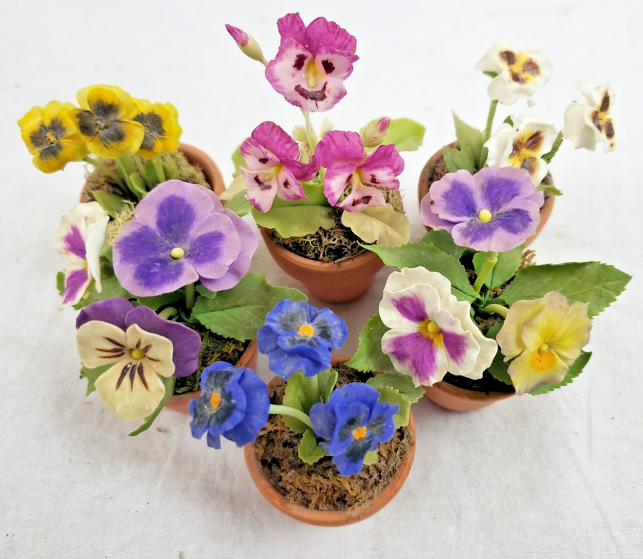 SET OF 6 GLOXINIA ARTIFICIAL FLOWERS IN PLANT POTS MINIATURES