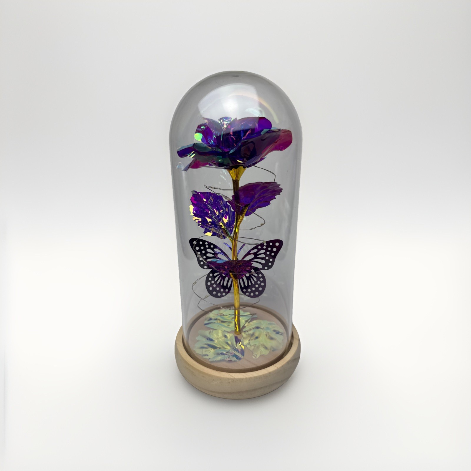 LED Eternal Rose Glass Dome Lamp Multicolor Fairy Lights Butterfly 8.5” Decor