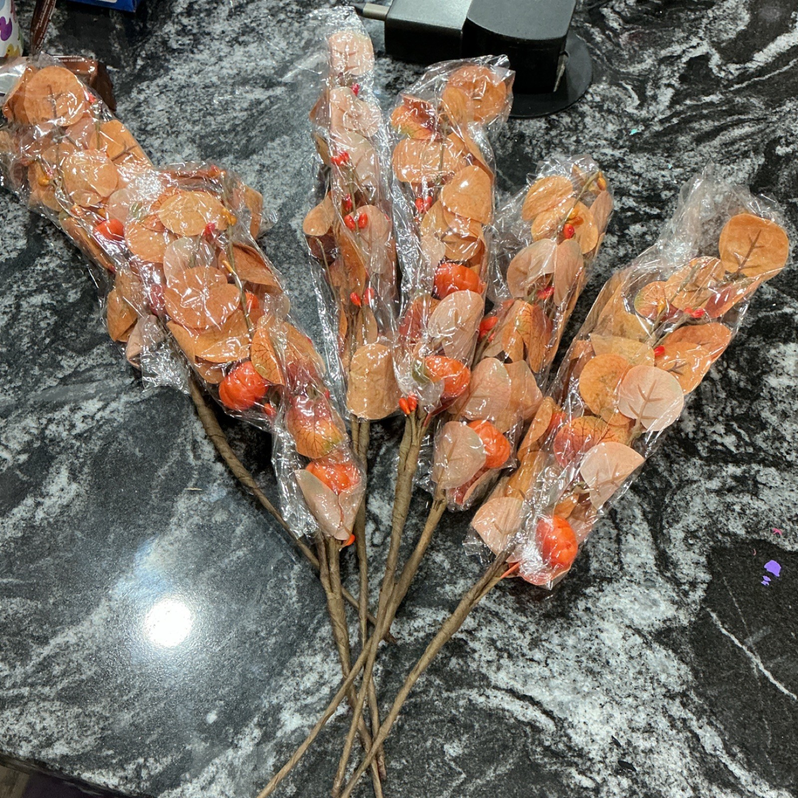 Artificial Maple Pumpkin Berry Stems 6 Pack Fall Orange Yellow by SUMERSHA
