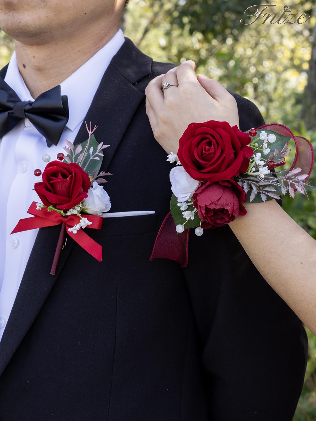 Red Silk Wrist Corsage Boutonniere Set Faux Rose Peony Wedding Prom Party