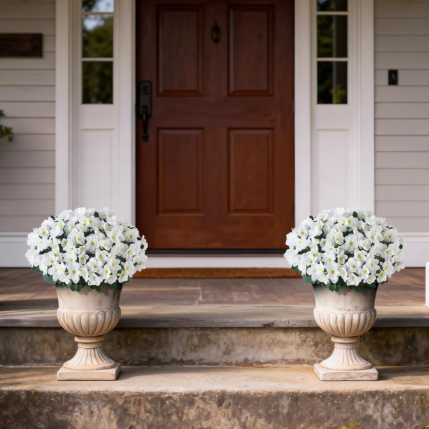 Set of 2 White Artificial Azalea Topiary Trees for Outdoor Decor
