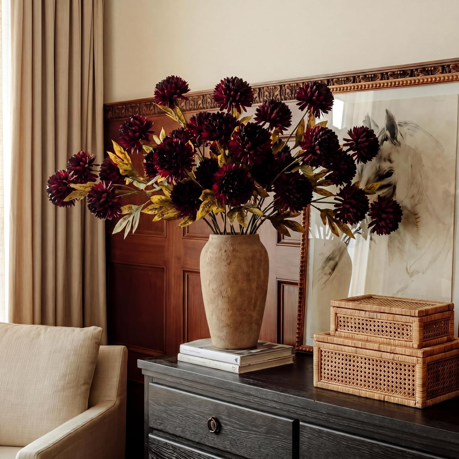 8 Pcs Faux Silk Pom Pom Chrysanthemum Flowers for DIY Wedding Decor (Red/Black)