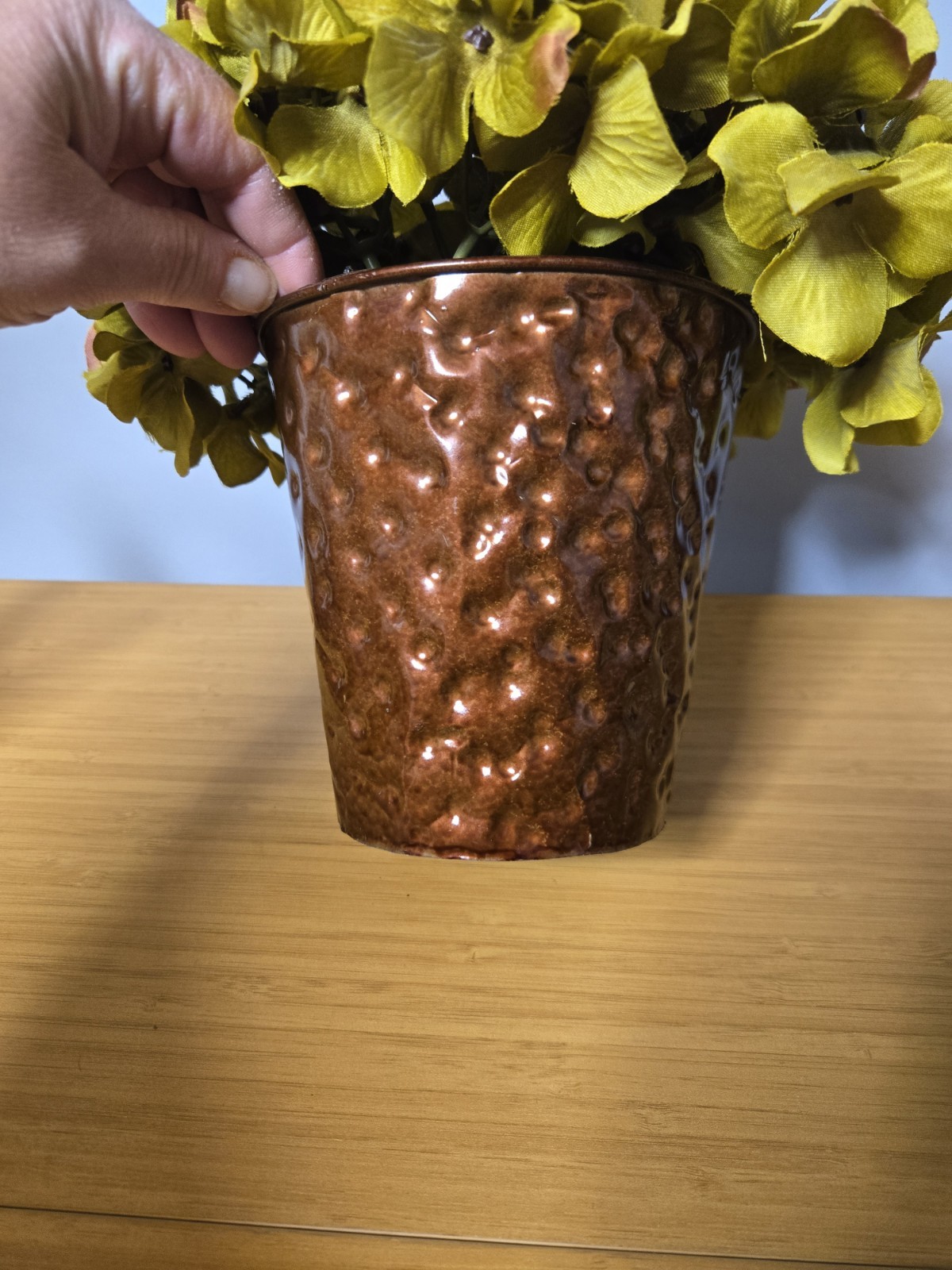 House Of Silk Artificial Hydrangea In A Hammered Metal Vase