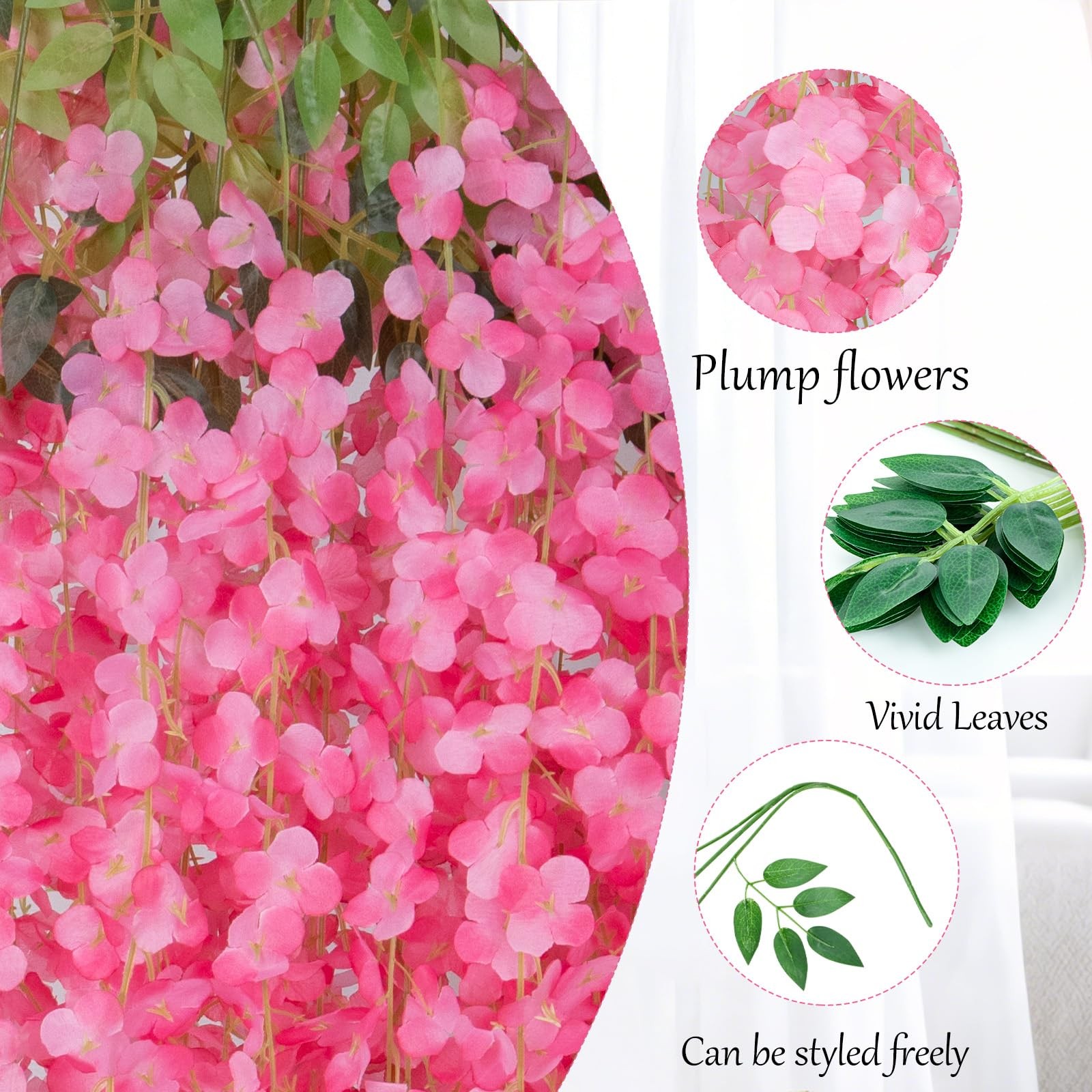 HLAONU 200 Pack Pink Wisteria Hanging Flowers Garland 3.6 Ft