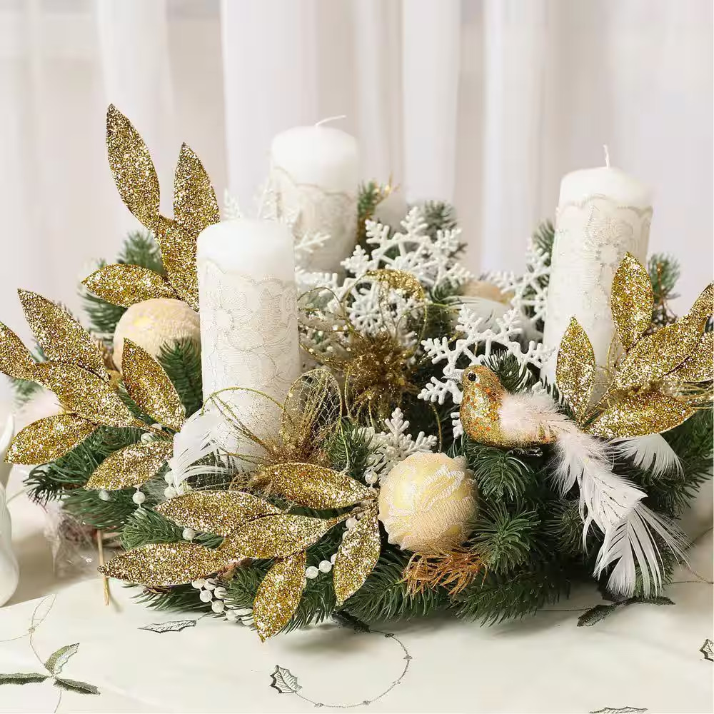 12 In. Gold Glitter Artificial Leaf Spray Foliage Picks for Christmas Wedding Wr