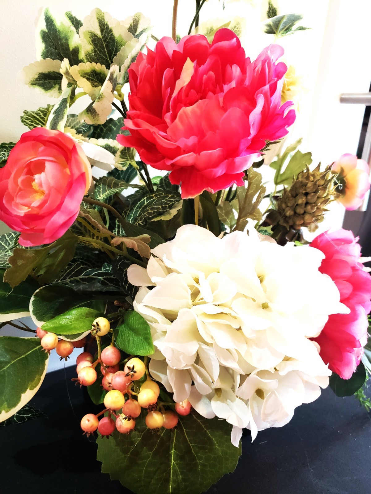 Hot Pink Peony & White Hydrangea Arrangement, Pink Spring Silk Floral