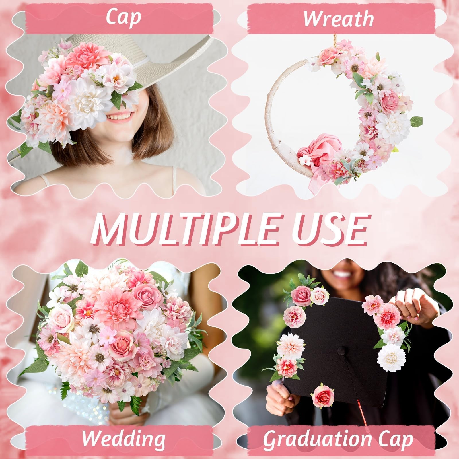 100 Pcs Pink Fake Flower Heads Long Stem Mini Silk Faux Daisy Peony Rose DIY Dec