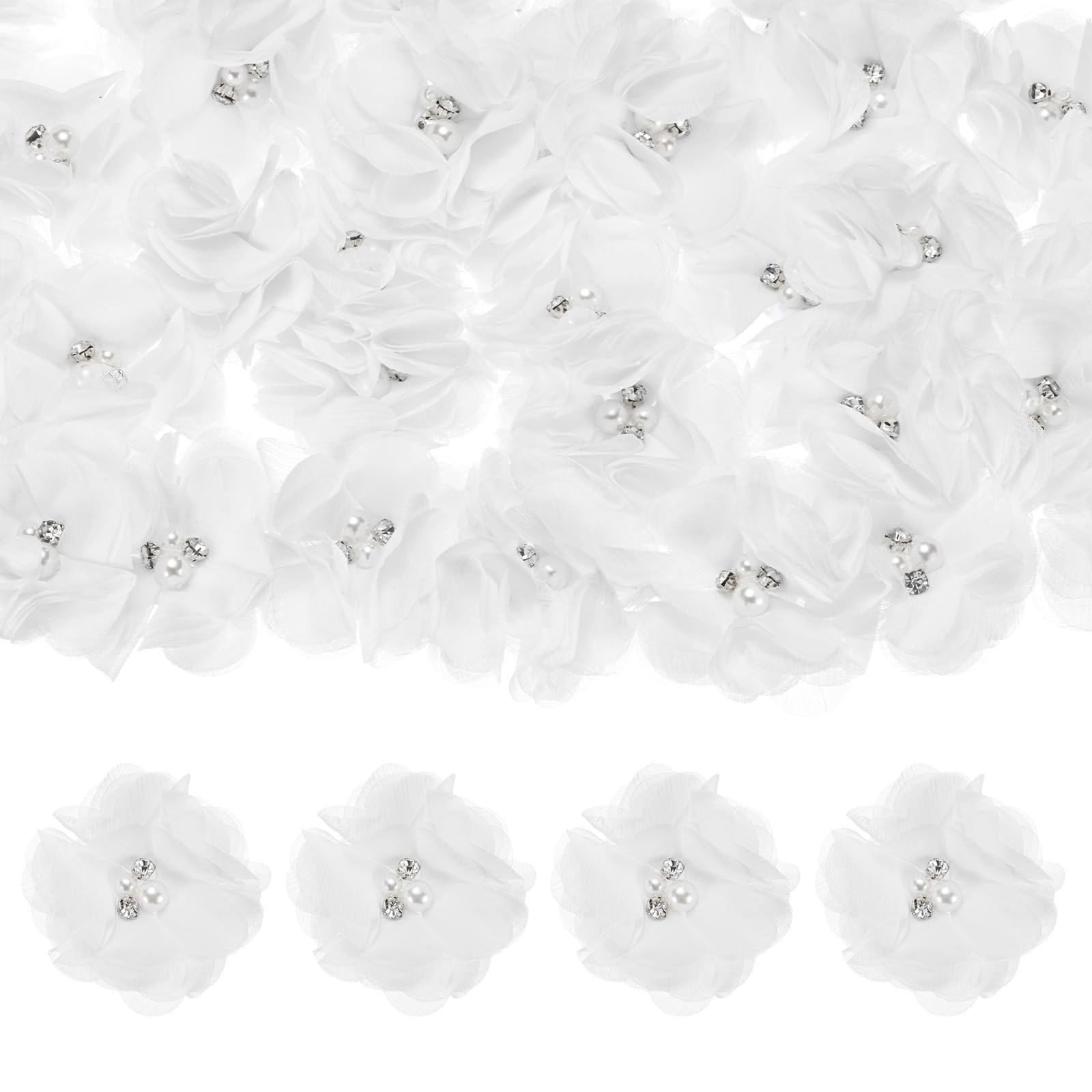 50-Pack White Rhinestone Pearl Chiffon Elegant 2.17 x 2.17 Inch Mesh Fabric F…