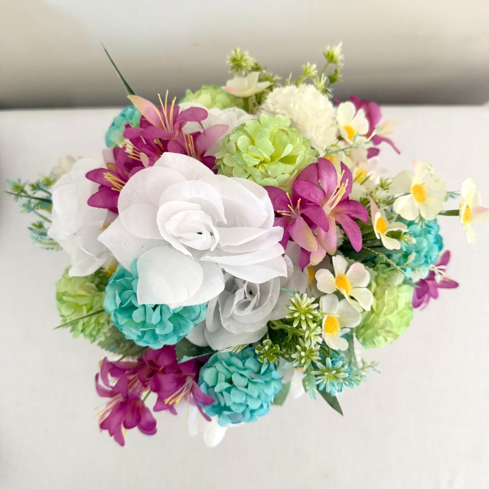 Handcrafted Floral Centerpiece Arrangement Clear Hourglass Vase Upcycled Decor
