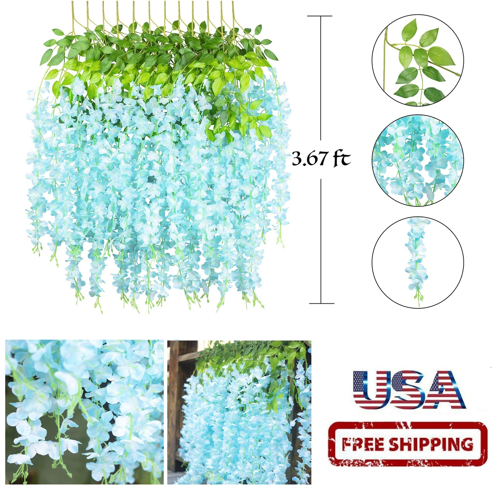 12Pcs 3.6ft Artificial Wisteria Vine Silk Blue Hanging Flower Wedding Home Decor