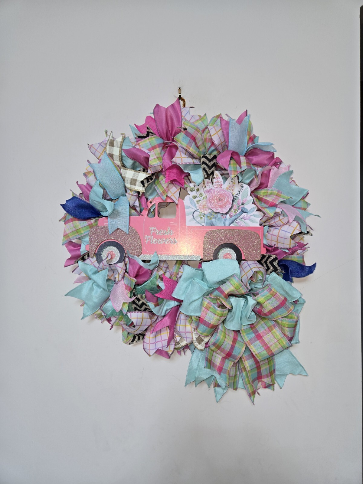 FRESH FLOWERS pink Truck WREATH Spring SUMMER Fall Front Door Wall Decor BIG BOW