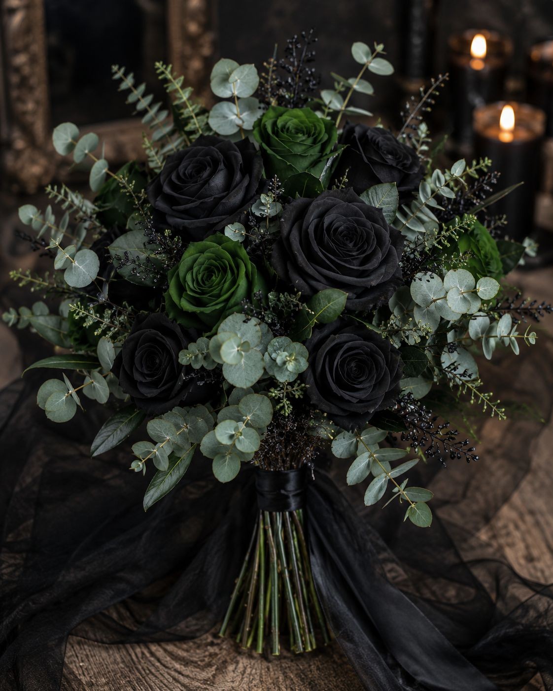 Set of 6 Green Artificial Rose Stems Emerald Green Fake Roses Gothic Wedding Flo