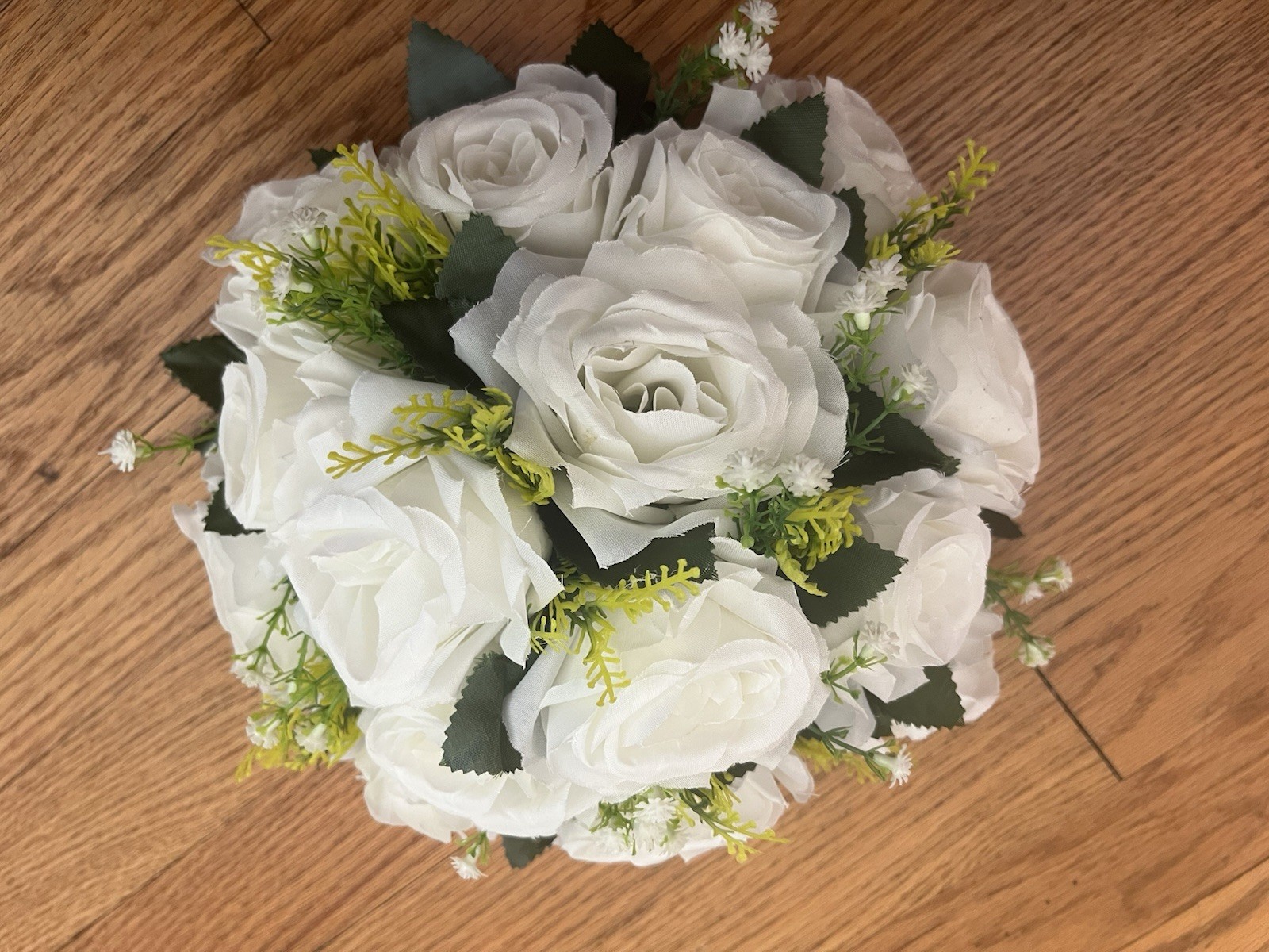 Artificial White Rose Flower Arrangement Centerpiece w/ Green Leaves, Plastic