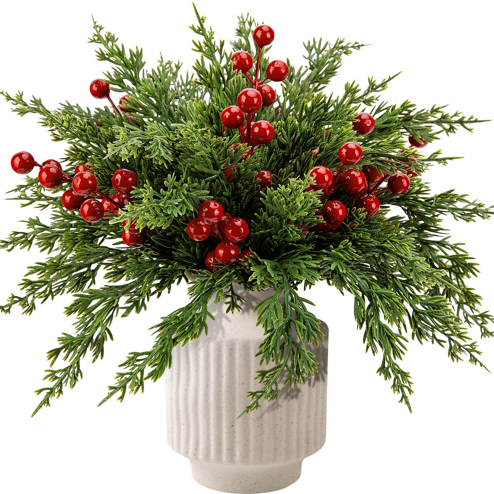 60 Pcs Christmas Artificial Pine Branches with Red Stems, 10.5″ Faux Evergree…