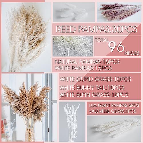 Natural Dried Pampas Grass Boho Home Decor Bouquet Phragmites Dried 96PCS