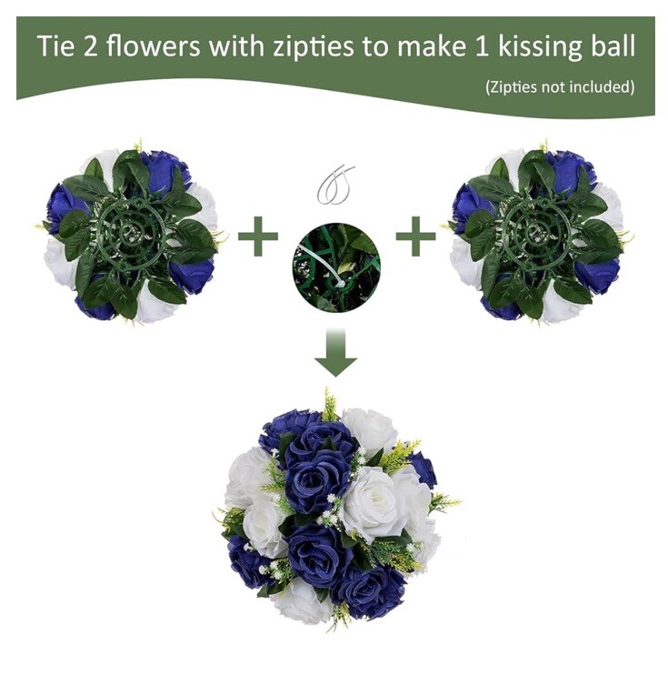 9.5” Floral Centerpiece Navy Blue White Rose Artificial Silk Set Of 2