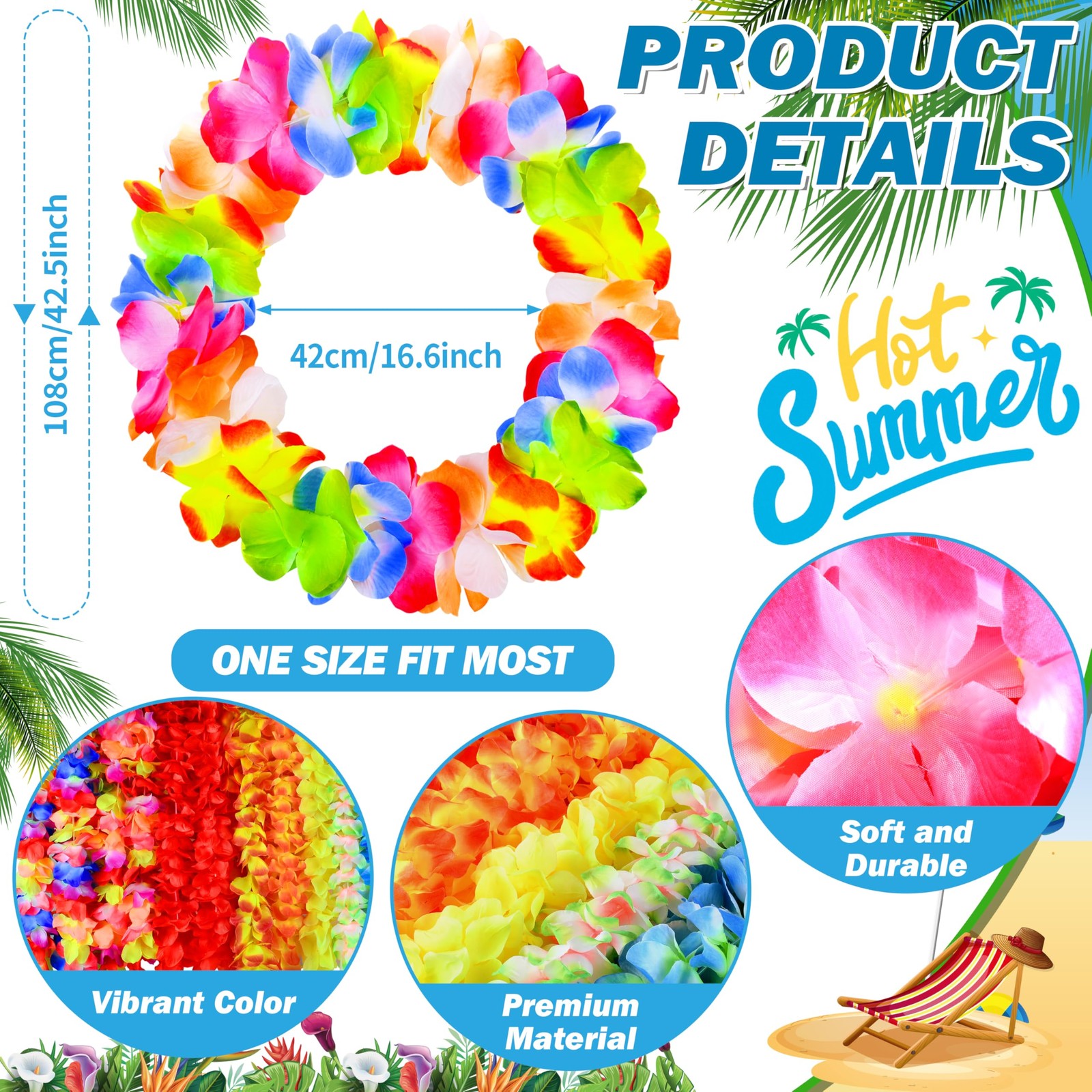 Hawaiian Luau Leis Bulk Colorful Tropical Silk Flower Lei for Summer Party
