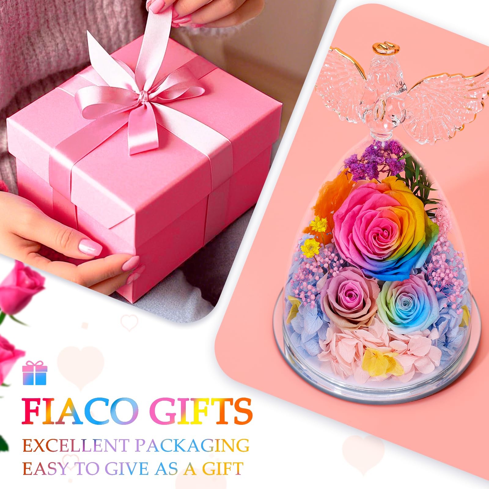 Gifts for Mom Preserved Rose Forever Flower in Glass Angel Figurine Fresh Flo…